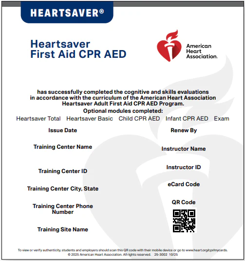 Heartsaver First Aid CPR AED certification e-cards